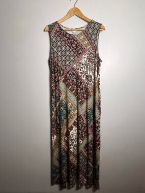 J JILL Womens Boho Patchwork Floral Maxi Dress Sz M Pockets Stretch Knit Cottage